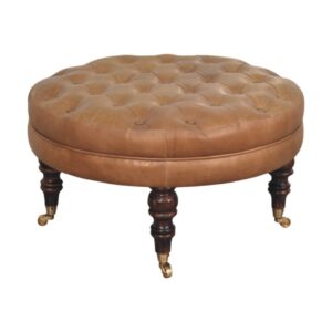 Buffalo Leather Round Ottoman with Castor Legs