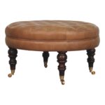 Buffalo Leather Round Ottoman with Castor Legs1