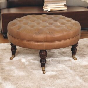 Buffalo Leather Round Ottoman with Castor Legs4